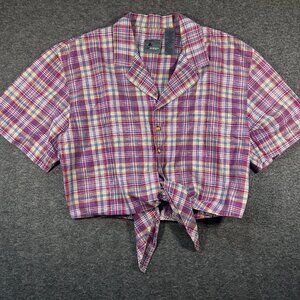 Vintage LizWear Metallic Plaid Button-Up Tie Front Shirt  Sz. M - Western Crop‎